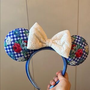 Disney Blue Floral Minnie Mouse Ears with Cream Bow
